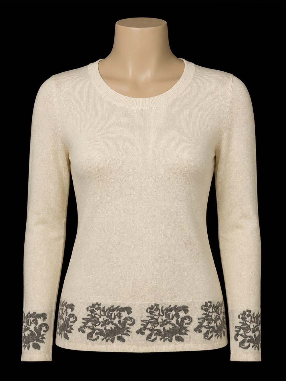 Designer Pina Rossi, Cream Long-Sleeve Knit Top with Gray Floral Hem, Small 🧡